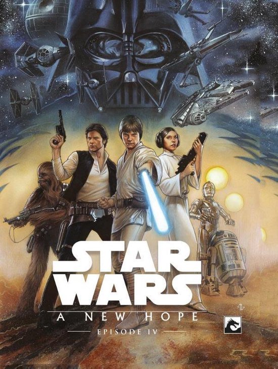Luke Skywalker, Leia, Han Solo, Chewbacca, C-3PO en R2-D2 staan met lichtzwaarden en wapens.