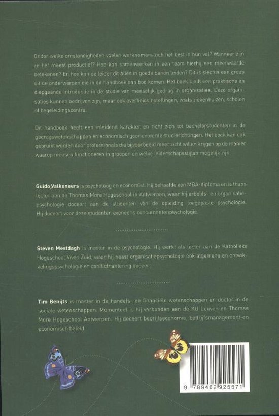 Achterkant van een boek met tekst en twee vlinders, een blauwe en een gele.