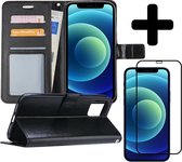 Hoes voor iPhone 12 Mini Hoesje Book Case Met Screenprotector Full Cover 3D Tempered Glass - Hoes voor iPhone 12 Mini Hoes Wallet Cover Met 3D Screenprotector - Zwart