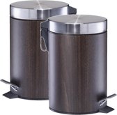 2x Donker bruine houtprint vuilnisbakken/pedaalemmers/prullenbakken 3 liter van 17 x 26 cm - Zeller - Badkamer/toiletaccessoires