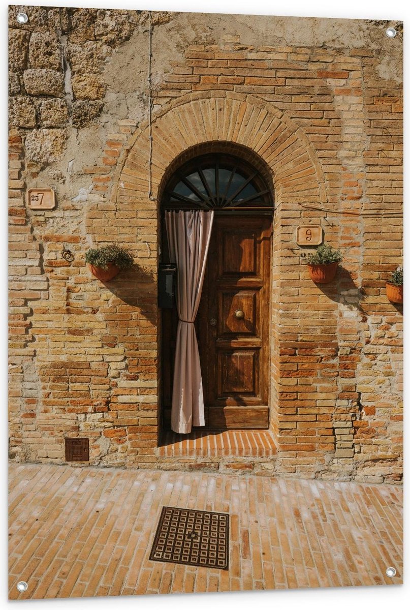 Tuinposter – Voordeur Klein Bruin Huisje - 80x120cm Foto op Tuinposter (wanddecoratie voor