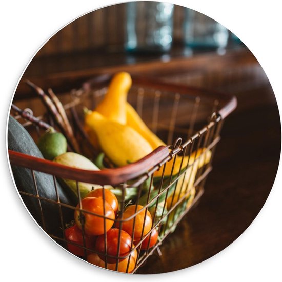 Forex Wandcirkel - Mandje met Fruit en Groente  - 50x50cm Foto op Wandcirkel (met ophangsysteem)