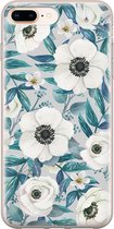Leuke Telefoonhoesjes - Hoesje geschikt voor iPhone 8 Plus - Witte bloemen - Soft case - TPU - Bloemen - Blauw