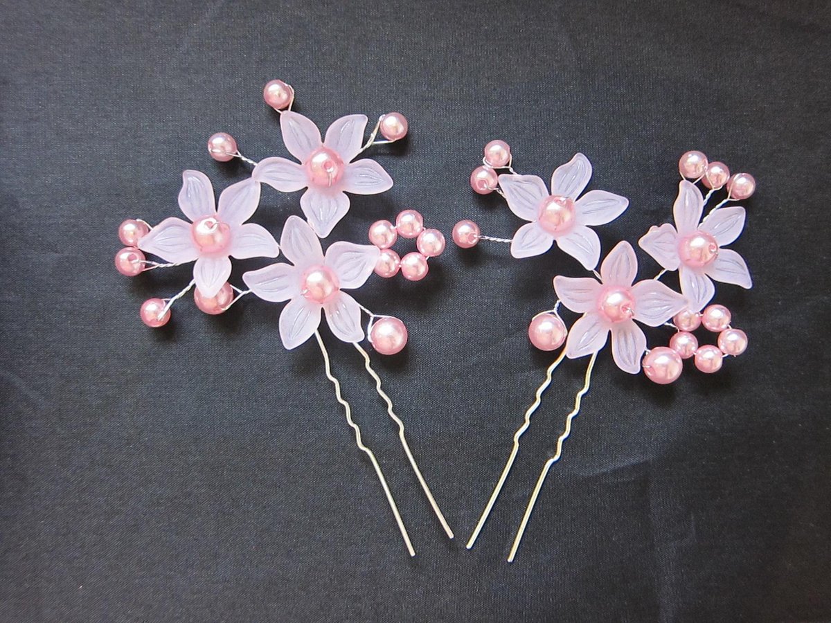 Haarpinnen zilver - roze | Bloemen - Parels | Haarversiering | 2 stuks