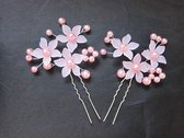 Xabi - Haarpinnen zilver - roze | Bloemen - Parels | Haarversiering  | 2 stuks