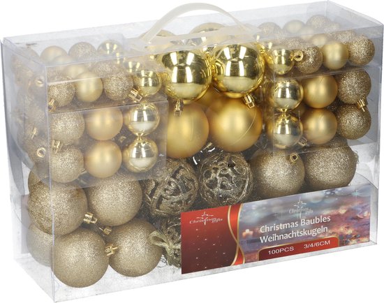 Doos met 100 kerstballen in goudkleur, Ø 3/4/6 cm, met verschillende afwerkingen.