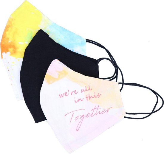 Mondkapje wasbaar - herbruikbaar katoens - 3 stuks - Regenboog vlekken - zwart - we're all in this Together