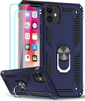 iPhone 12 Mini hoesje - Hardcase - Tough armor ring Donker Blauw + 2 stuks screenprotector