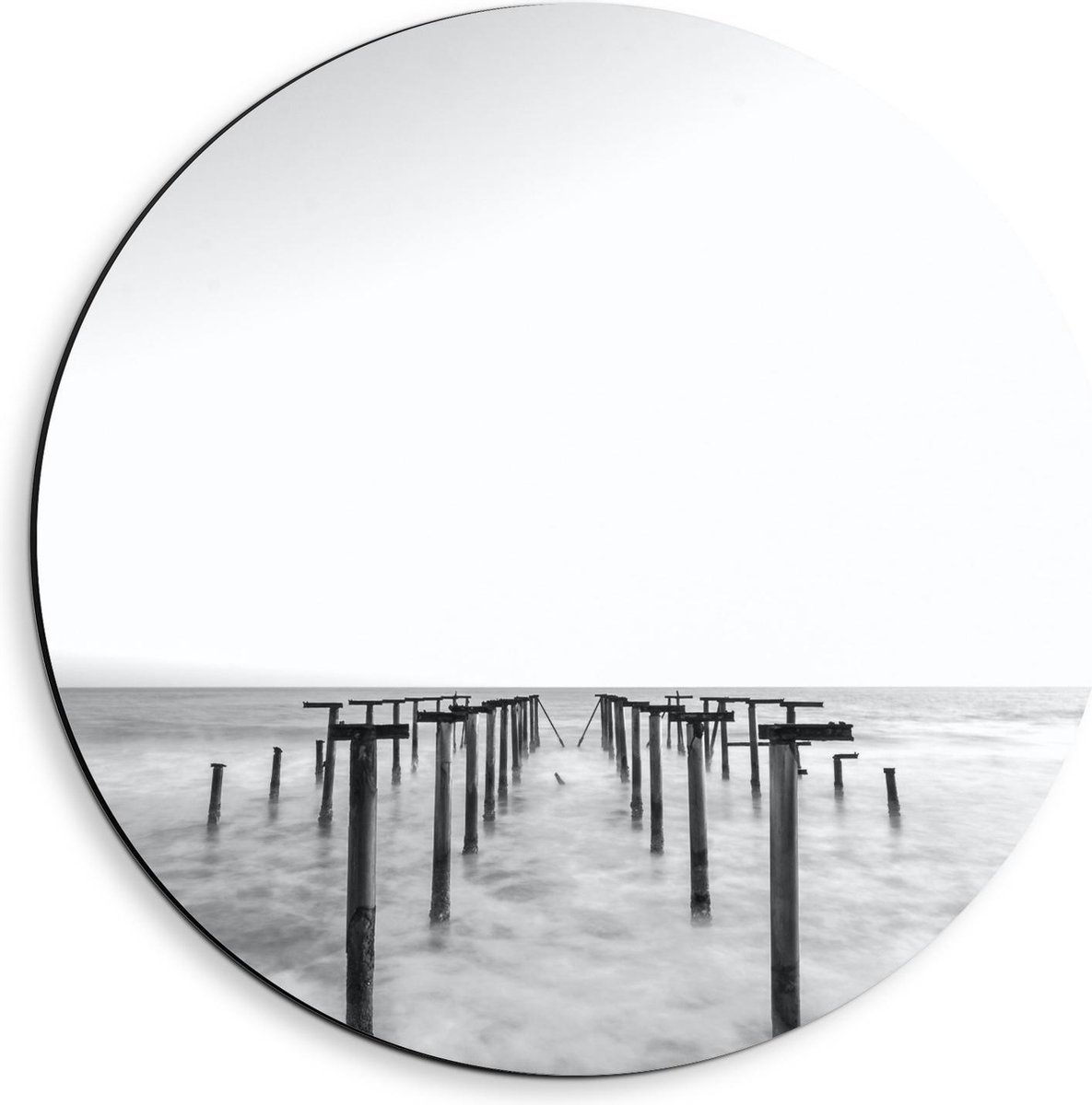 Dibond Wandcirkel - Palen in het Water Zwart - Wit - 40x40cm Foto op Aluminium Wandcirkel 