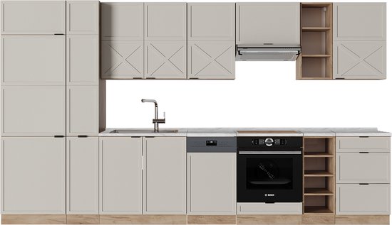 Vicco Fame- Line Meuble de cuisine complet – 355 cm, évier marbre Grijs/beige/chêne doré