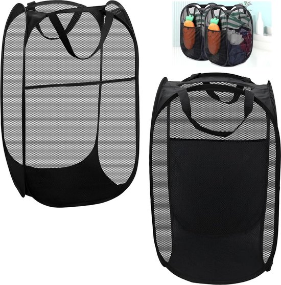 Hwtcjx Opvouwbare wasmand, 2 stuks, pop-up wasmand, inklapbaar met mesh, 30 x 30 x 48 cm, laundry manden met handgrepen, opvouwbare stoffen mand, statiegeldflessen, verzamelcontainer (zwart wit