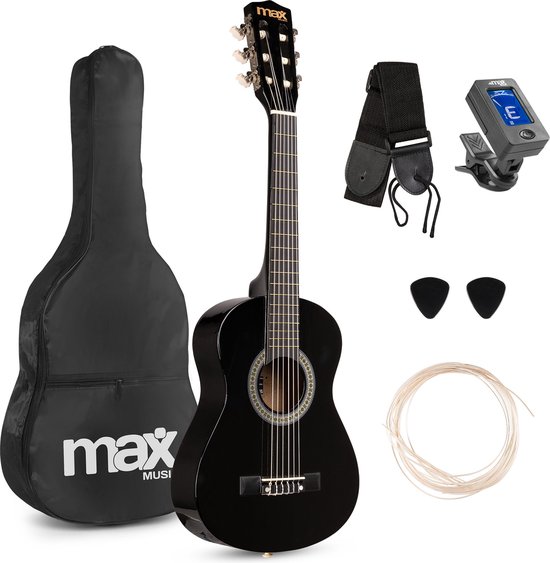 Kinder gitaar - MAX SoloArt akoestische gitaar 1/4 - Met gratis muzieklessen en accessoires - Zwart