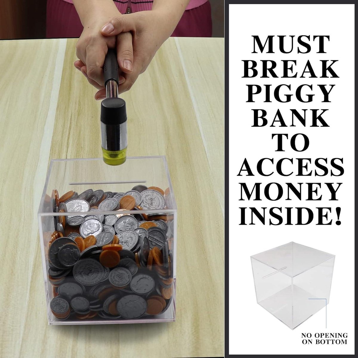 Hicocool Acrylic Piggy Bank for Adults Must Break to Open, Clear Piggy Bank Unopened Transparent Piggy Bank (15cm