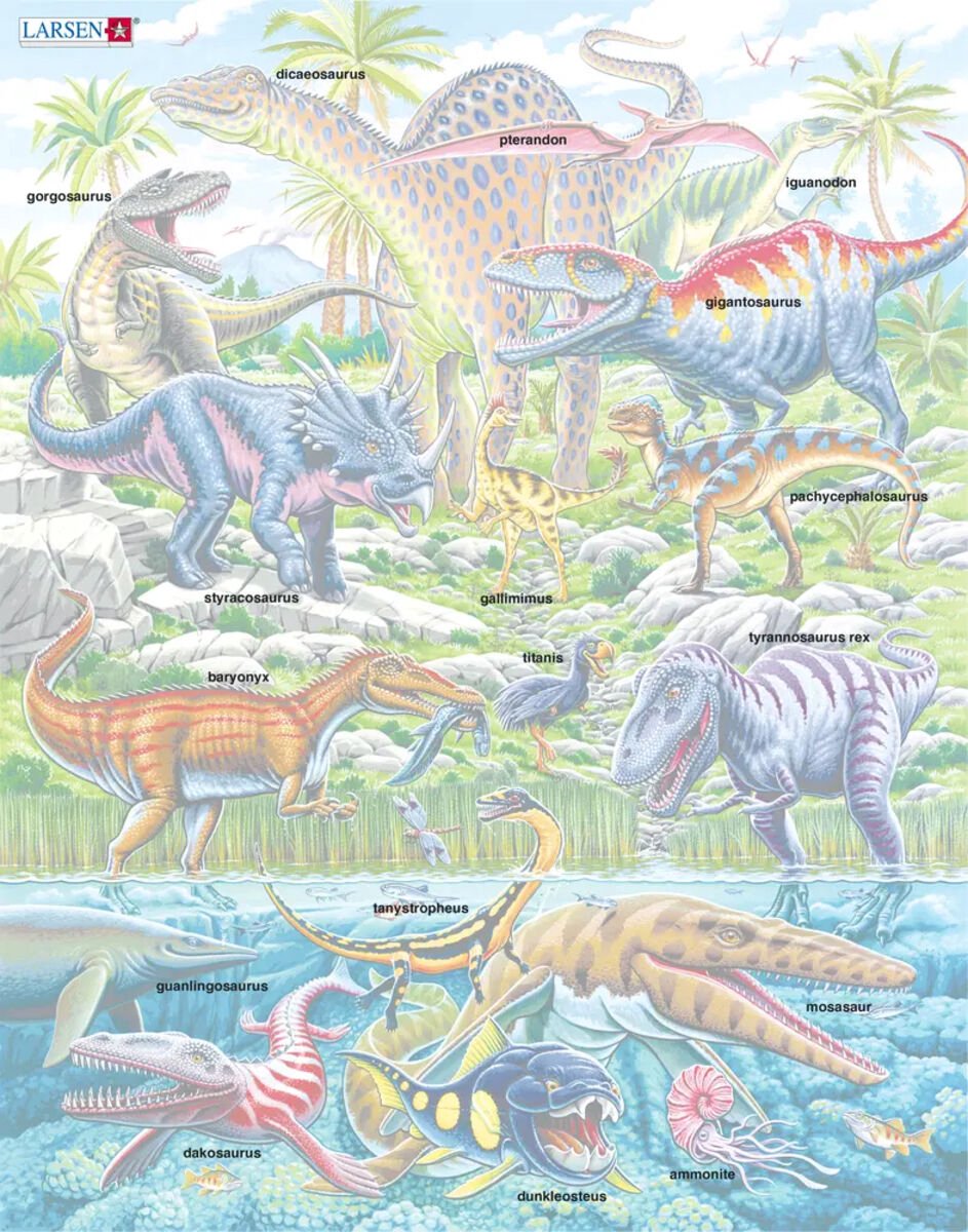 Larsen Dinosauriërs die vliegen, rennen en duiken – Puzzel – Dieren – Prehistorie – Educatieve legpuzzel voor kinderen – 70 stukjes – Gemaakt in Noorwegen – Extra dikke 2,5 mm stukjes – Tray met vaste rand — cadeau in Spellen & Speelgoed - foto 2