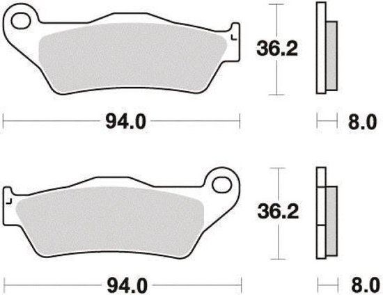 Dessin technique de deux plaquettes de frein avec dimensions : longueur 94.0, hauteur 36.2, épaisseur 8.0.