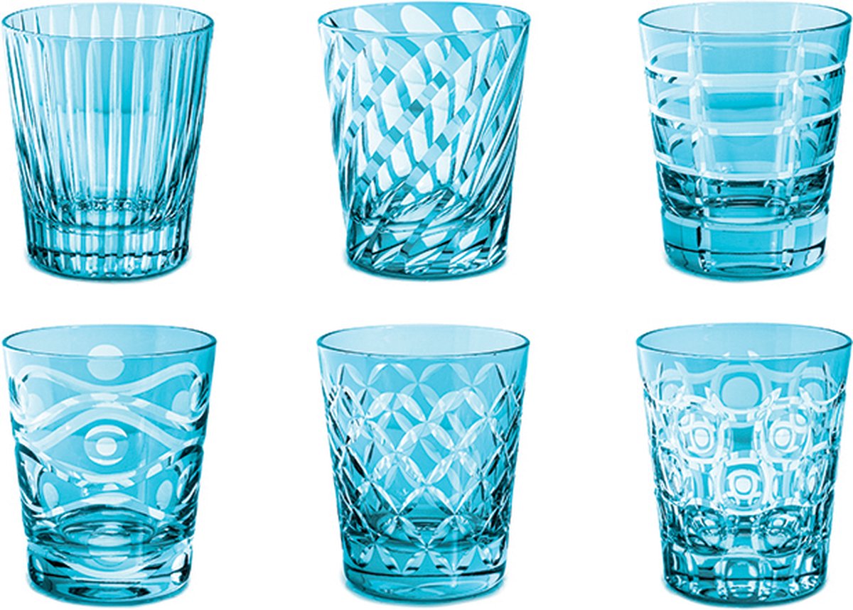 Livellara Luxury Sky Blue - water/drinkglas - mix van 6 designs - 300ml - hand cut - vintage colors - luxe afwerking