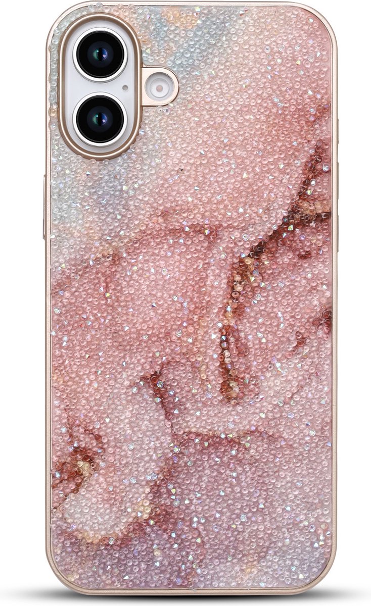 Casemania Hoesje Geschikt voor Apple iPhone 16 - Roze - Diamant Marmer Glitter Back Cover