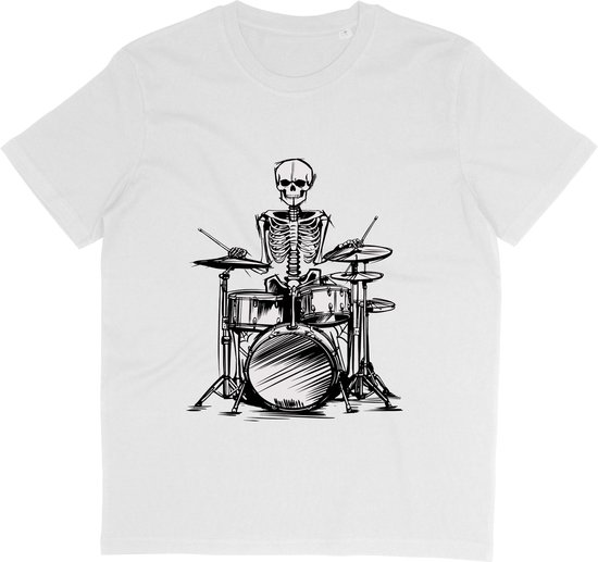 T-shirt blanc avec un imprimé noir d'un squelette jouant de la batterie.