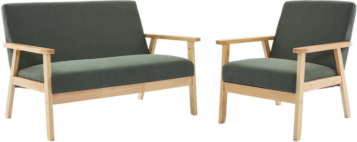 sweeek - Tweezits bankje en fauteuil van hout met corduroy zitting - isak