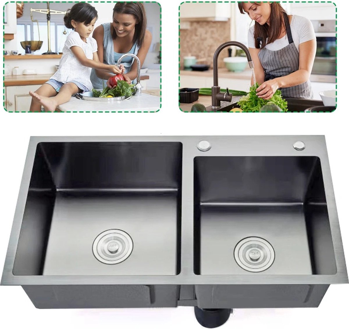 Mygroot - Keuken gootsteen met 2 roestvrij stalen waskommen - 2 spoelbakken met zeepdispenser 300ml - afvoer en sifon - 78 x 43