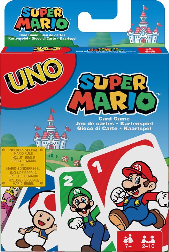 Doos UNO Super Mario met Mario, Luigi, Toad en Peach. Bevat speciale Mario-regel.