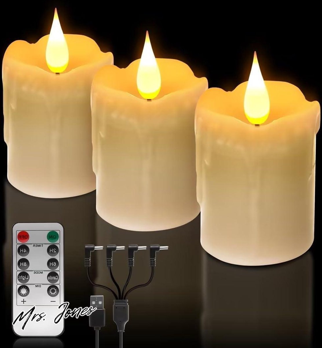Mrs. Jones Oplaadbare Led-theelichtjes met Afstandsbediening warmwit flikkerende vlamloze kaarsen LED gemaakt van echte was 3D Wicks elektrische USB theelicht met Timer Halloween Kerstmis . multi color