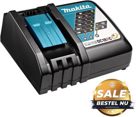 Zwarte Makita DC18RC snellader met turquoise batterijhouder, indicatielampjes en 'SALE' sticker.