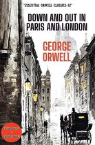 Boekcover van 'Down and Out in Paris and London' van George Orwell, met een schilderachtige weergave van een straat in Parijs of Londen met een koets.
