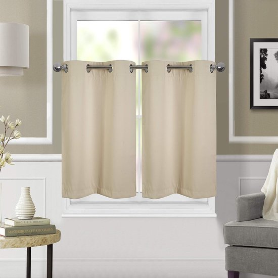 Korte gordijnen, gordijnen, kort, ondoorzichtig, met ringen, vintage verduisteringsgordijnen, vitrage, bistrogordijn, modern, 90 cm hoog, set van 2 woonkamer (beige)