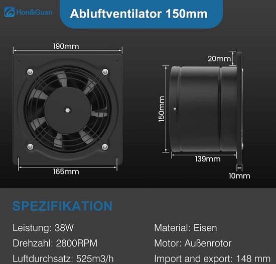 Herrselsam hittebestendige stille rookafvoerventilator, 100 mm, voor badkamer, toilet, keuken, kas, zolder, met terugslagklep