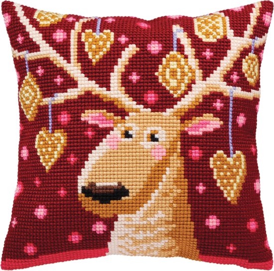 Collection D'Art - Borduurpakket Kussen Kerst hert - Voorbedrukt canvas- 50.5390