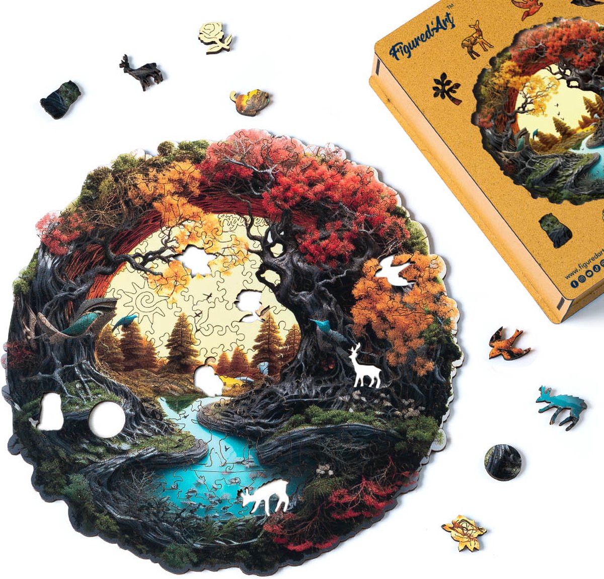 Figured'Art Houten Puzzel 200 Stukjes Volwassenen en Kinderen - Herfstrivier - Uniek Design 28,5x28,3 cm met Premium Houten Doos, Perfect als Cadeau