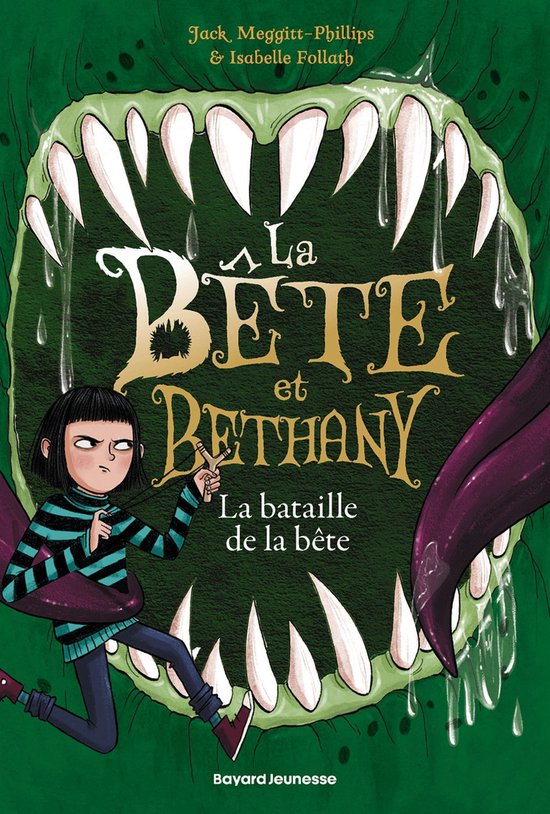 Illustratie van een meisje met een gestreepte trui die een monster in de bek kijkt. "La Bête et Bethany" staat in grote letters.