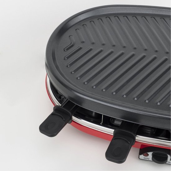 4-in-1 Multifunctionele Gourmetstel RP418 Voor 8 Personen - Natuursteen - Raclette - Kaas Fondue - Grill & Mini Pannenkoekjes - Rood Met 8 Anti-Aanbak Pannetjes En Regelbare Temperatuur — afbeelding 3