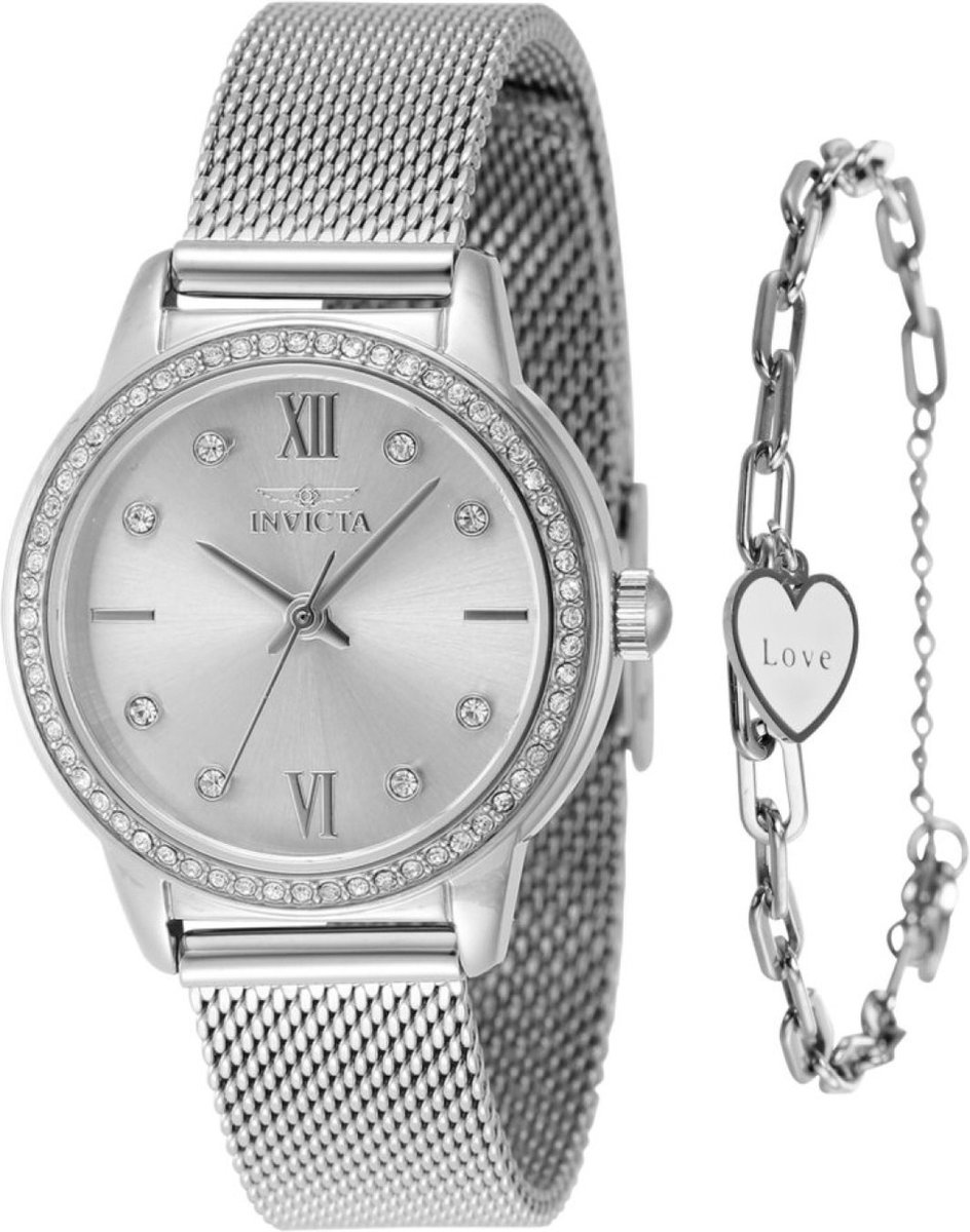 Invicta Angel 48252 Dames Horloge - Waterdicht - Analoog - Quartz Uurwerk - Roestvrij Staal met zilveren Wijzerplaat - 30mm