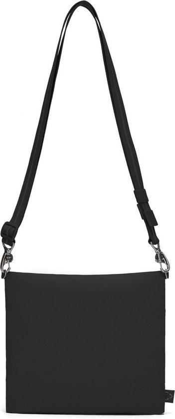 Zwarte Pacsafe crossbody tas, achterkant, met verstelbare schouderband.