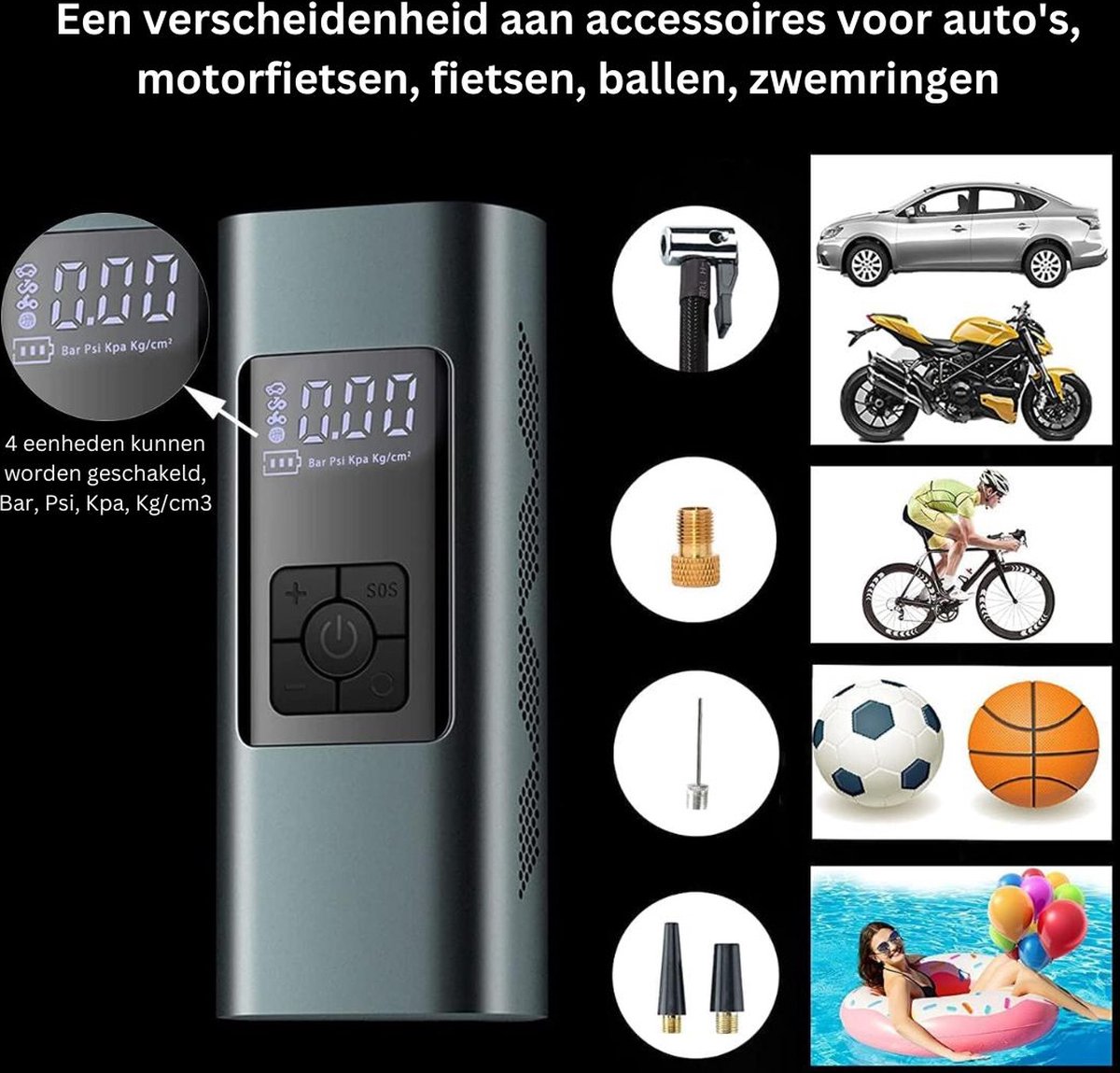Autobanden Pomp - Elektrische Fietspomp - Compressor - Luchtcompressor - Zwart met Grijs thumbnail 2