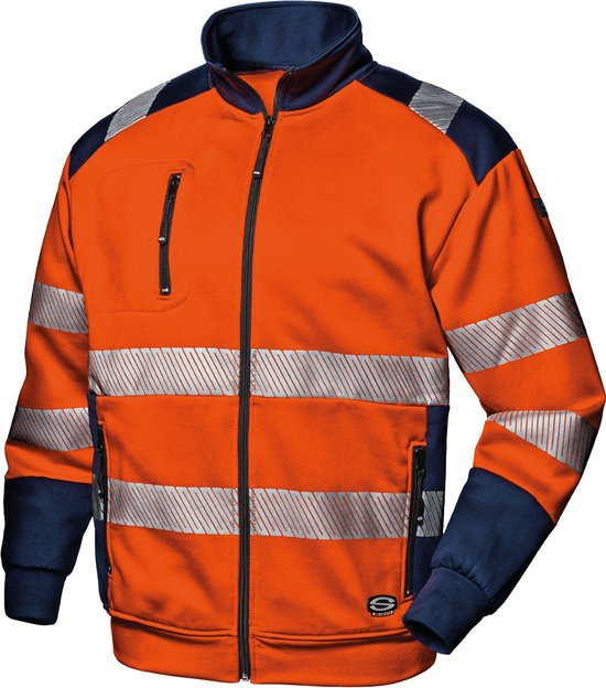 Oranje werktrui met donkerblauwe accenten, reflecterende banden en ritszakken.
