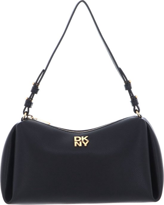 Zwarte DKNY schoudertas met goudkleurig logo en verstelbare band.