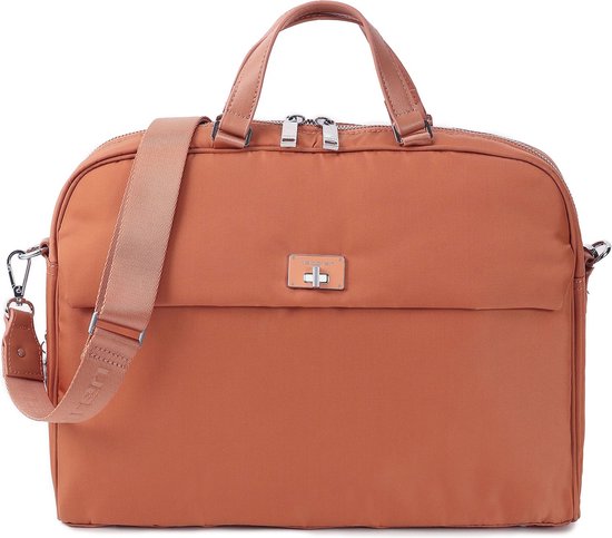 Terracotta Hedgren laptoptas met handvatten, afneembare schouderband en metalen logo.
