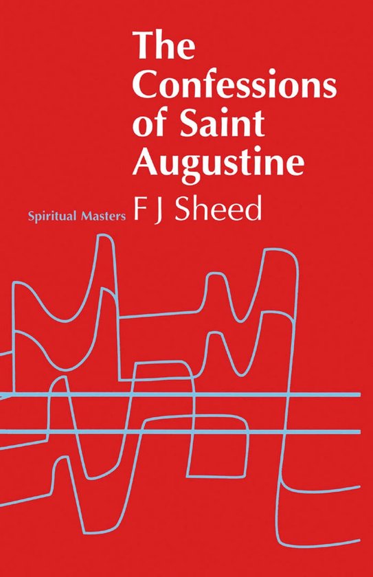 Livre 'The Confessions of Saint Augustine' avec couverture rouge et motif abstrait bleu. Titre en lettres blanches.