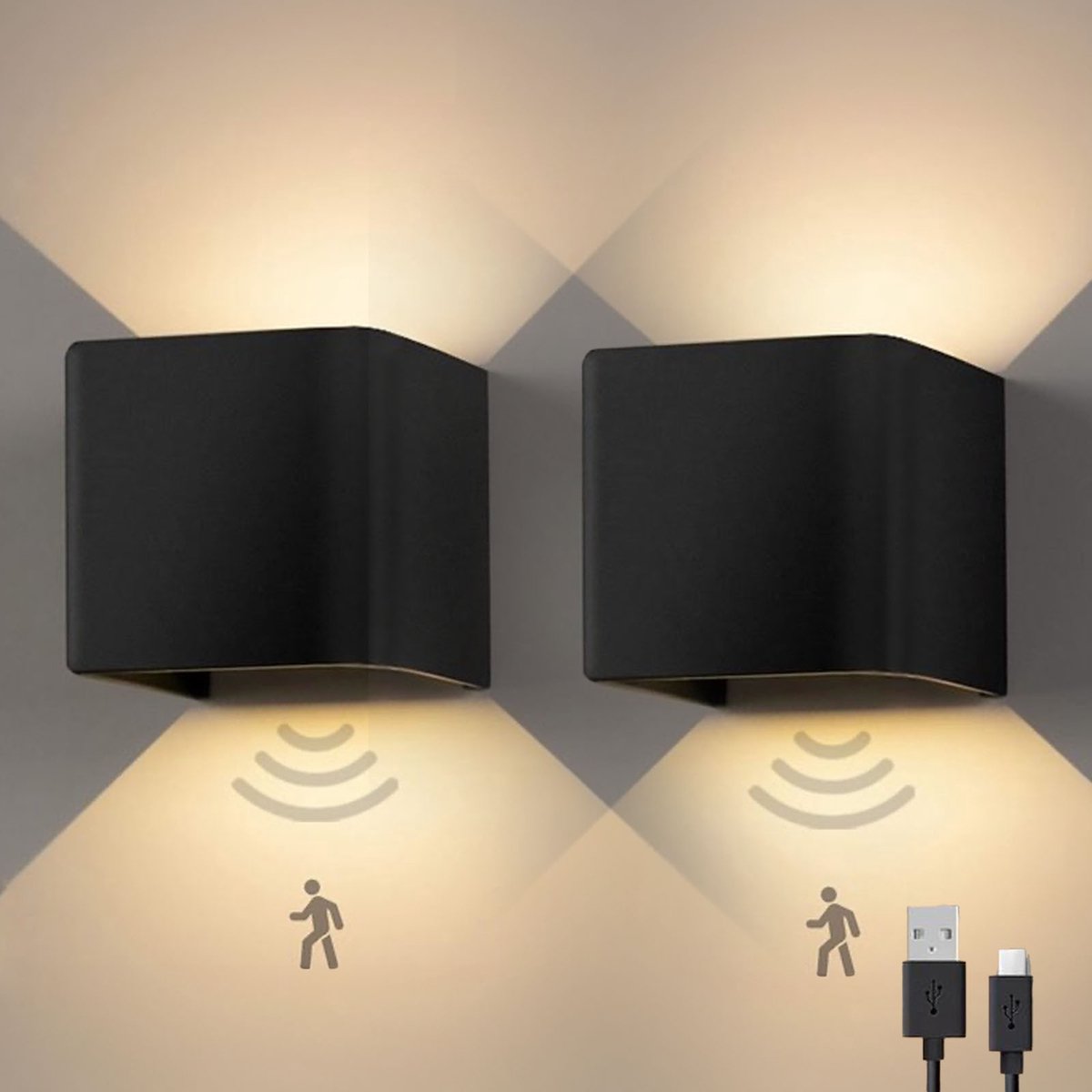 Goliving Wandlamp Oplaadbaar – 2 stuks – Wandlamp Binnen – Draadloos – Met Bewegingssensor – USB–C – 4400 mAh – Warm Wit Licht – 10 x 10 x 8 cm – Zwart