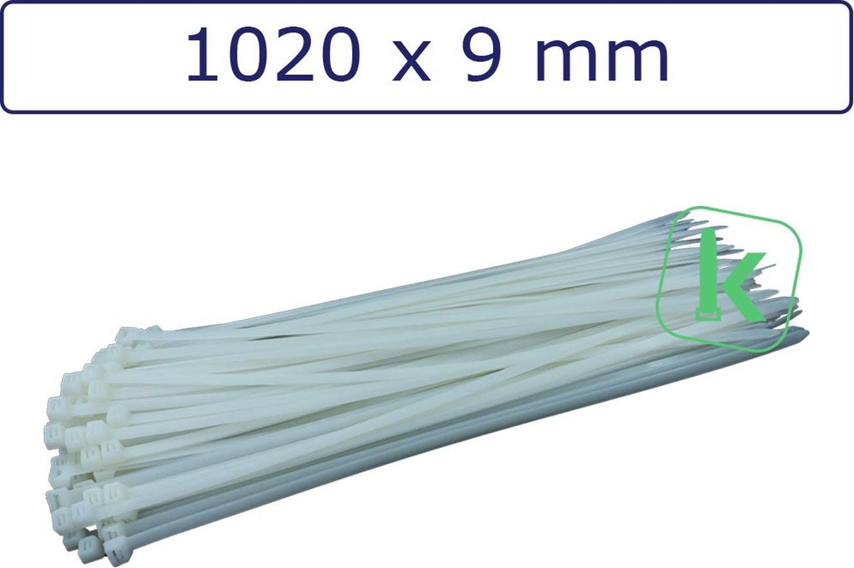PRO-TIE® - Tyraps, kabelbinders 1020 x 9 mm Wit naturel (Zak 100 stuks) (tiewrap/tyrap/tie-wrap/bundelbandje/colsonbandje/)
