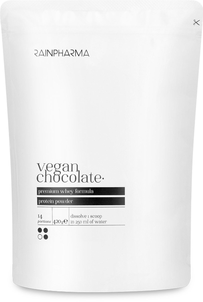 RainPharma Vegan Chocolate Eiwitpoeder - Eiwitshake 420g - Whey - Zonder Sucralose - Veganistisch - 14 Porties - Vegan - 20 gram eiwitten