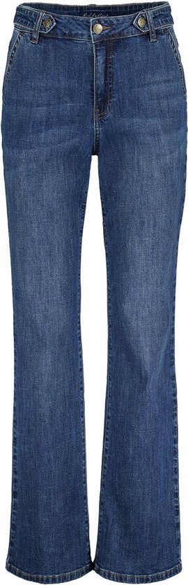 Spijkerbroek met wijde pijpen in een blauwe denim wassing, met knoop- en ritssluiting aan de voorkant.