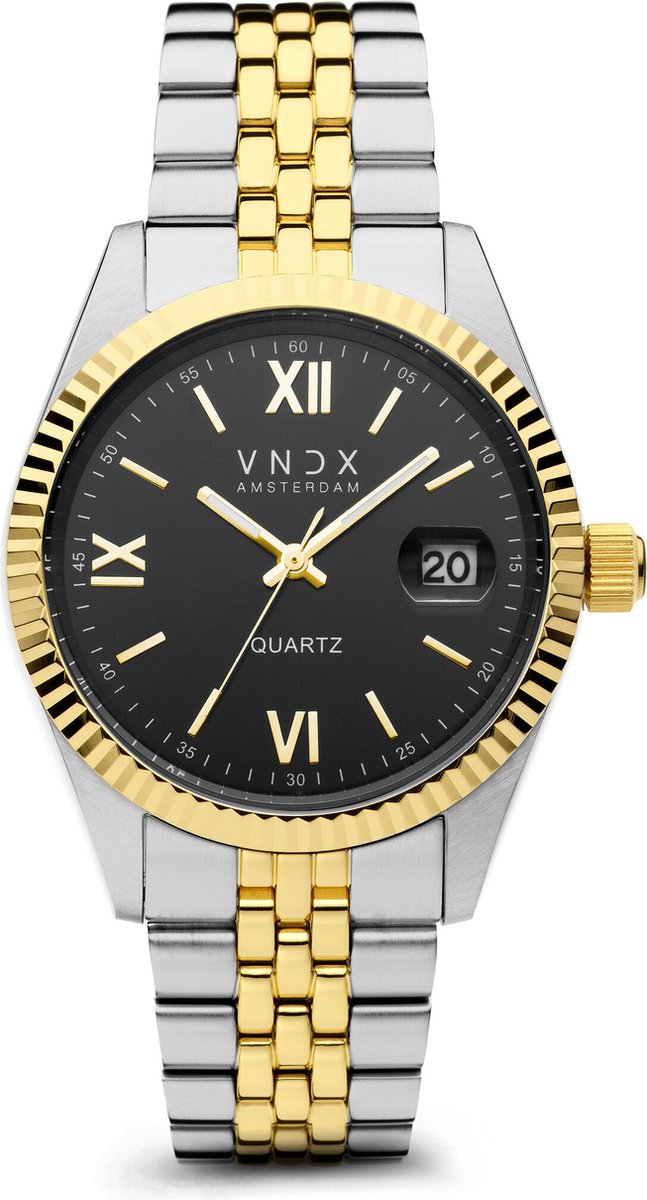 VNDX Amsterdam Dare Devil XL Horloge Zilverkleurig Goudkleurig Zwarte wijzerplaat datumaanduiding