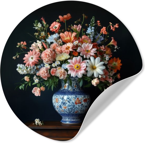 WallCircle® - Behangcirkel 30x30 cm - Muurstickers Hout - Vaas - Kleuren - Bloemen - Muurcirkel woonkamer - Wandcirkel slaapkamer - Kamer decoratie zelfklevend - Muurdecoratie accessoires