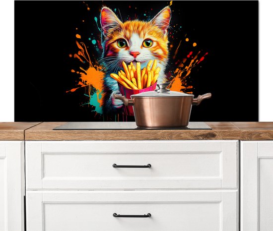 Crédence de Cuisinière en Aluminium 120x60 cm - Chat - Nourriture - Frites - Graffiti - Abstrait - Écran Pare-éclaboussures pour Plaque de Cuisson - Protection Murale