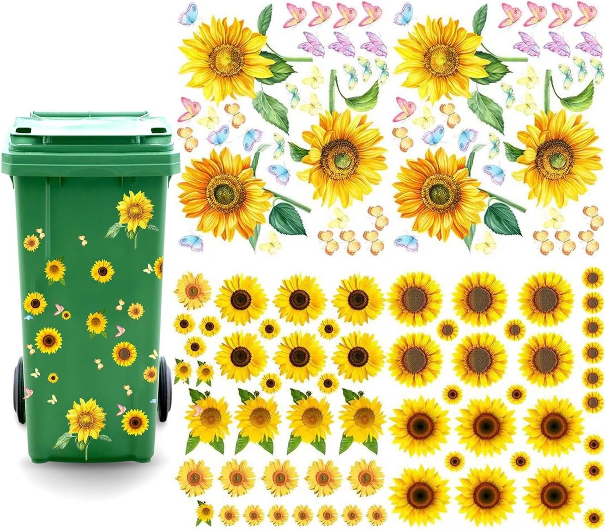 Goedkoopste Bloemenstickers voor vuilnisemmer - 4 vellen zelfklevende bloemen - waterdicht - zonnebloemstickers - containers