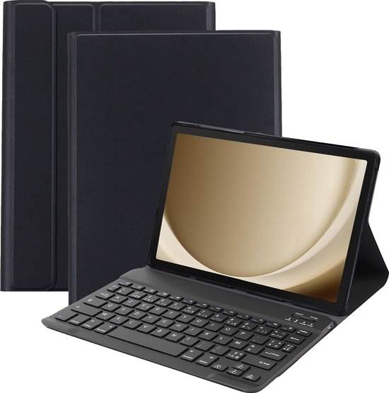 Zwarte tablet met Azerty toetsenbordhoes, opengeklapt. Op de achtergrond een gesloten hoes.